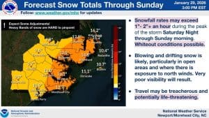 map showing snow totals over eastern north carolina