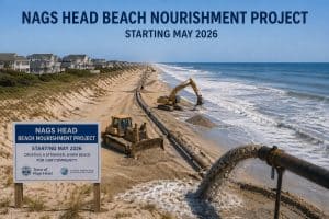 Beach with equipment pumping sand